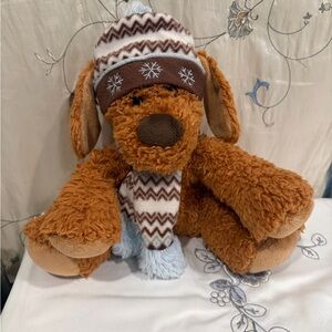 Cozy Brown Plush Dog with Winter Hat and Scarf